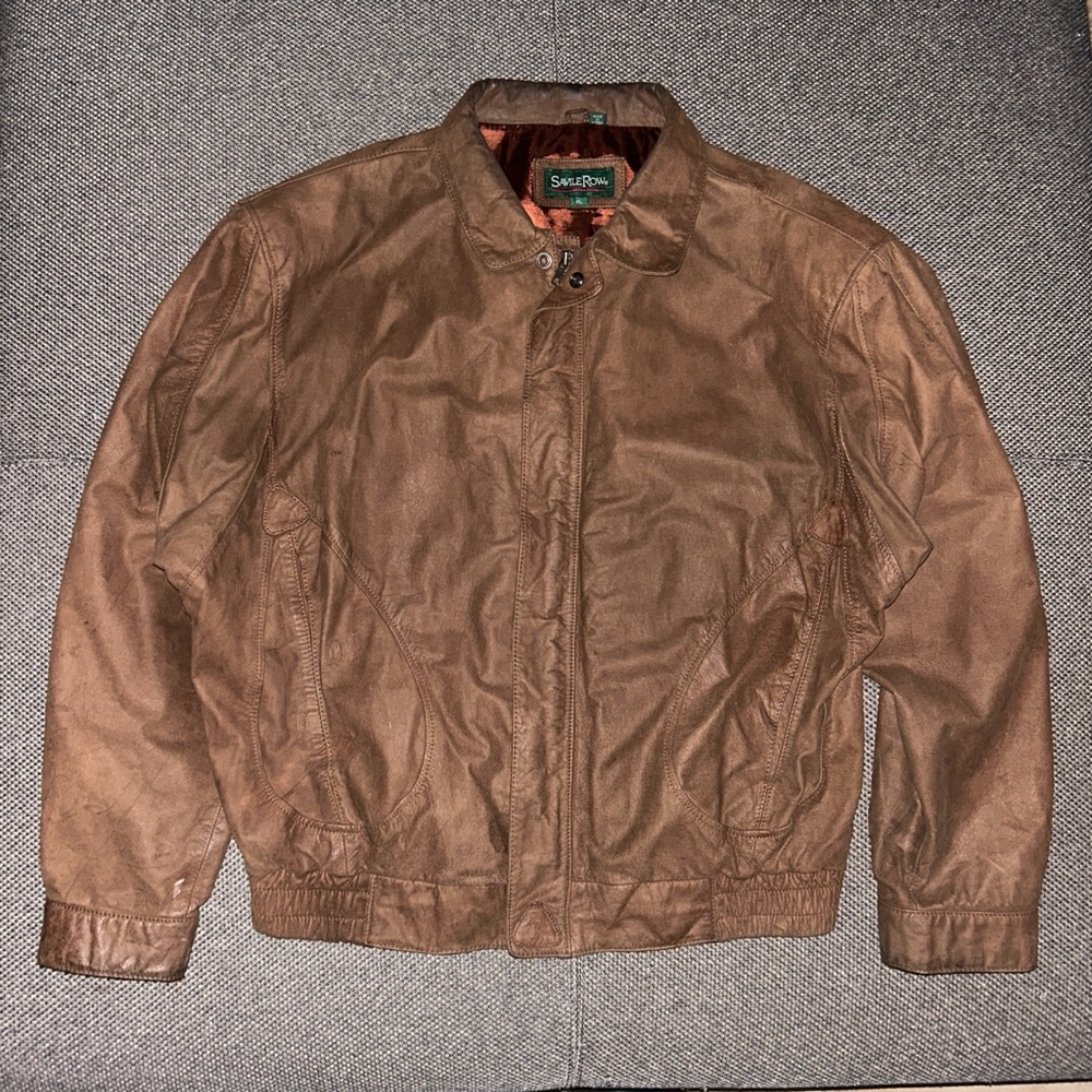 80s Brown Leather Full Zip Retro Bomber Jacket
